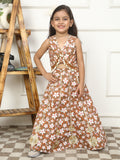 House Of Gota Girls Brown Floral Printed Lehenga Set