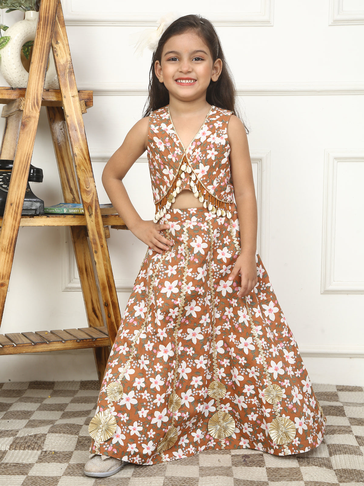 House Of Gota Girls Brown Floral Printed Lehenga Set