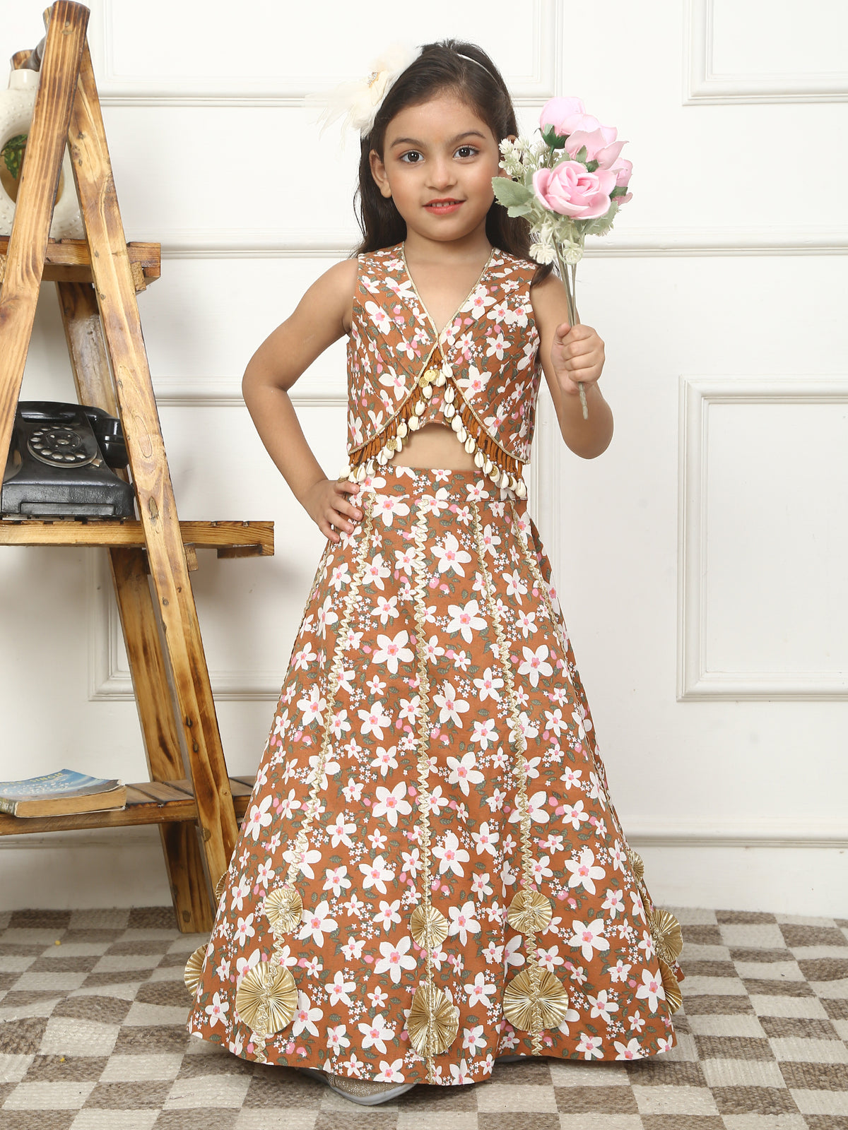 House Of Gota Girls Brown Floral Printed Lehenga Set