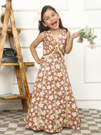 House Of Gota Girls Brown Floral Printed Lehenga Set