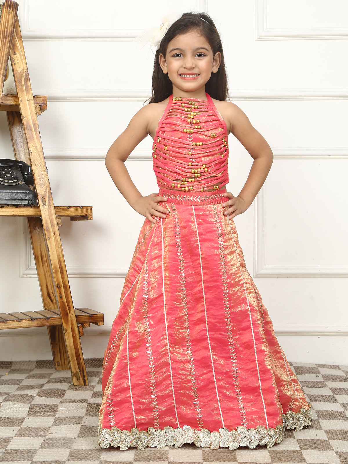 Girls Pink Embellished Lehenga Set