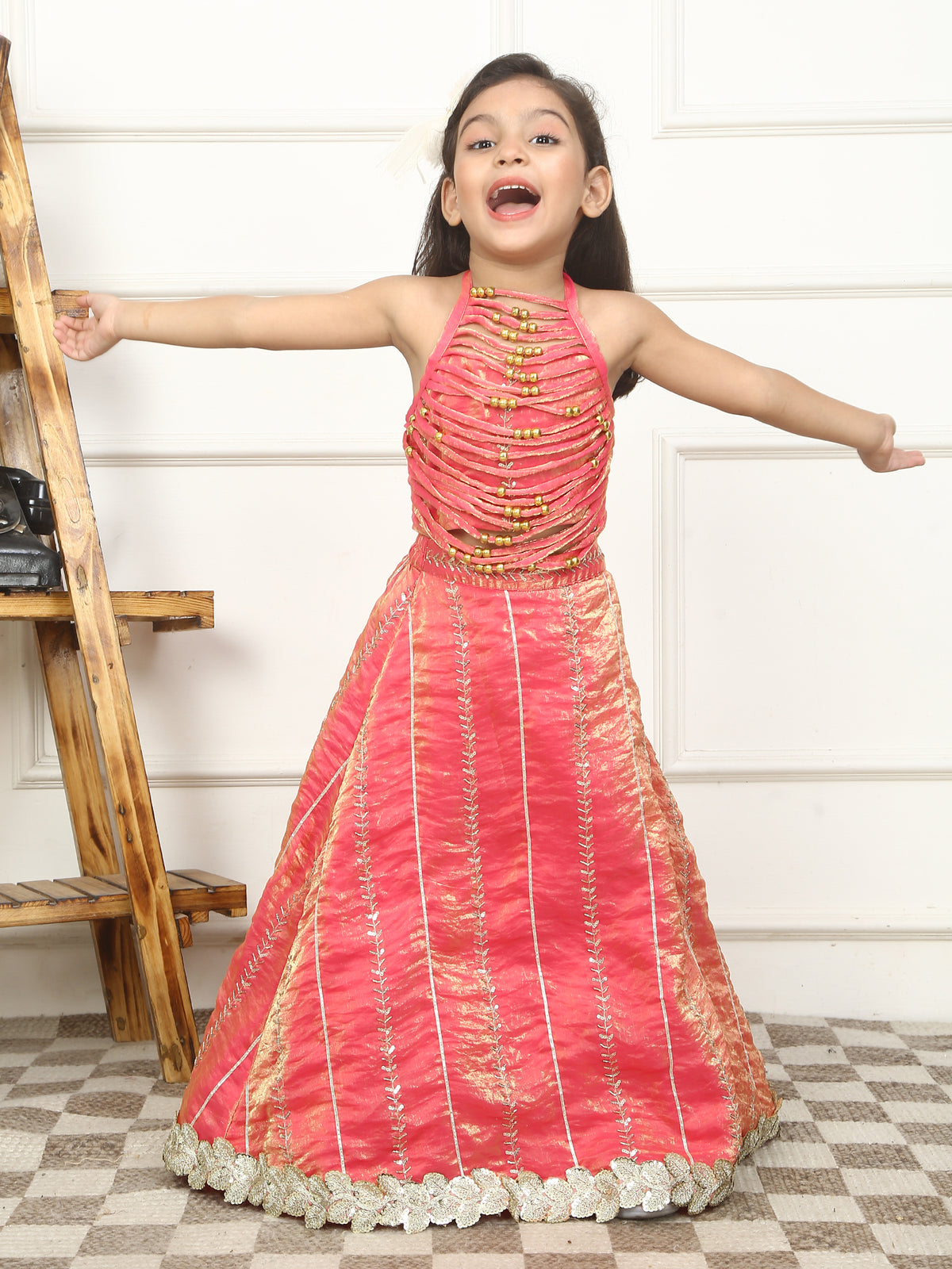 Girls Pink Embellished Lehenga Set