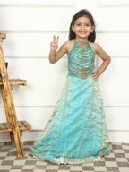 House Of Gota Girls Turquoise Blue Embellished Lehenga Set