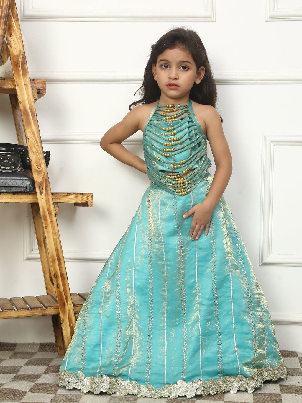 House Of Gota Girls Turquoise Blue Embellished Lehenga Set