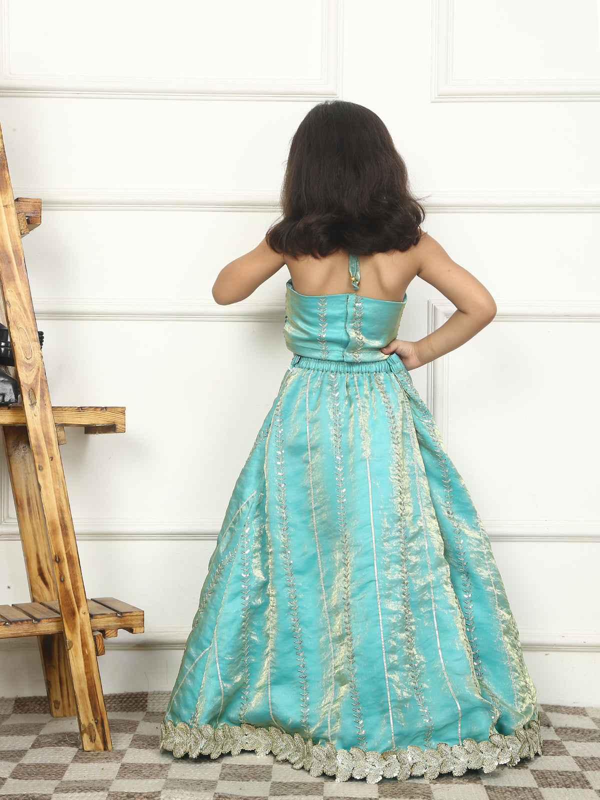 House Of Gota Girls Turquoise Blue Embellished Lehenga Set