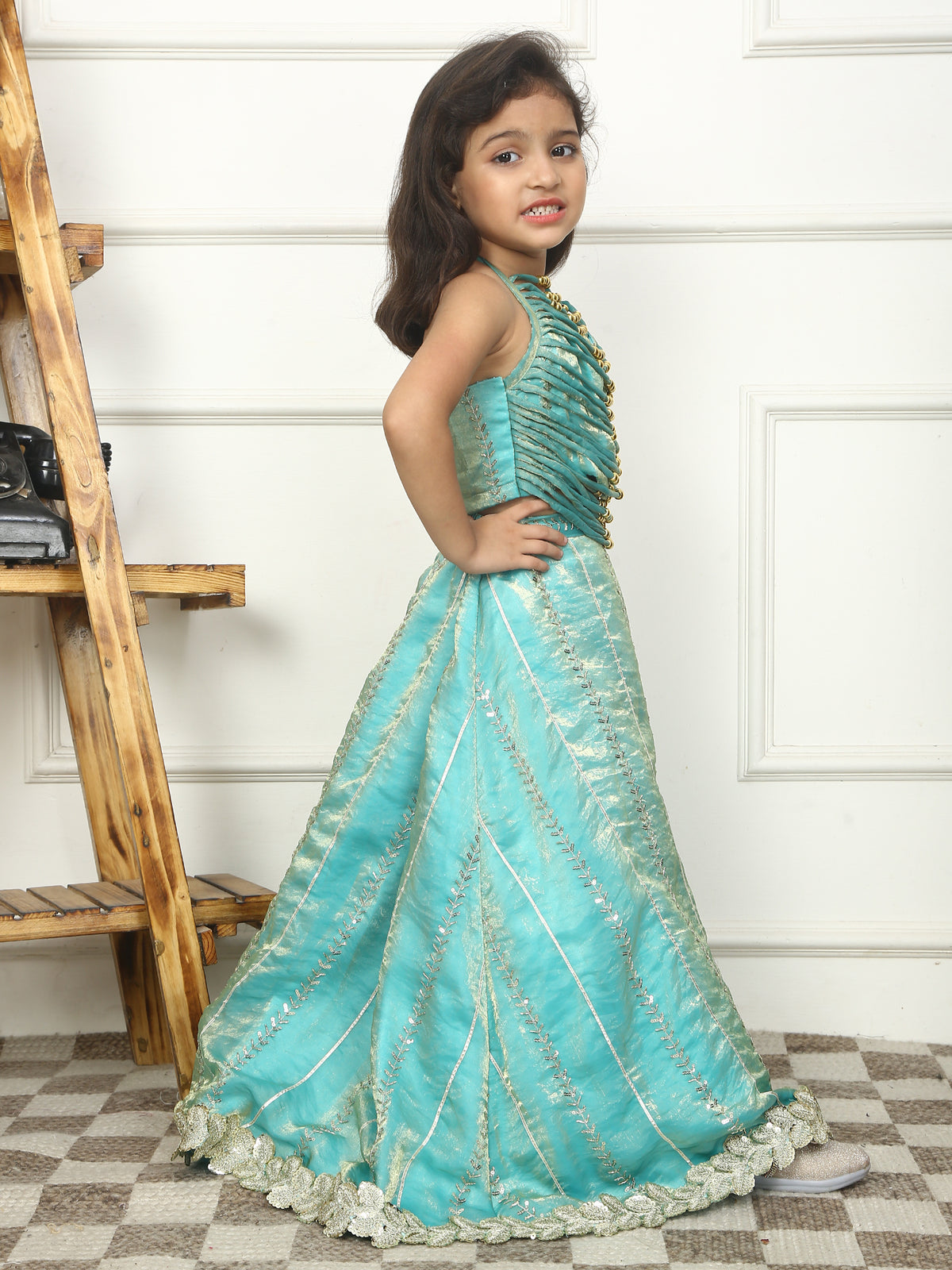House Of Gota Girls Turquoise Blue Embellished Lehenga Set