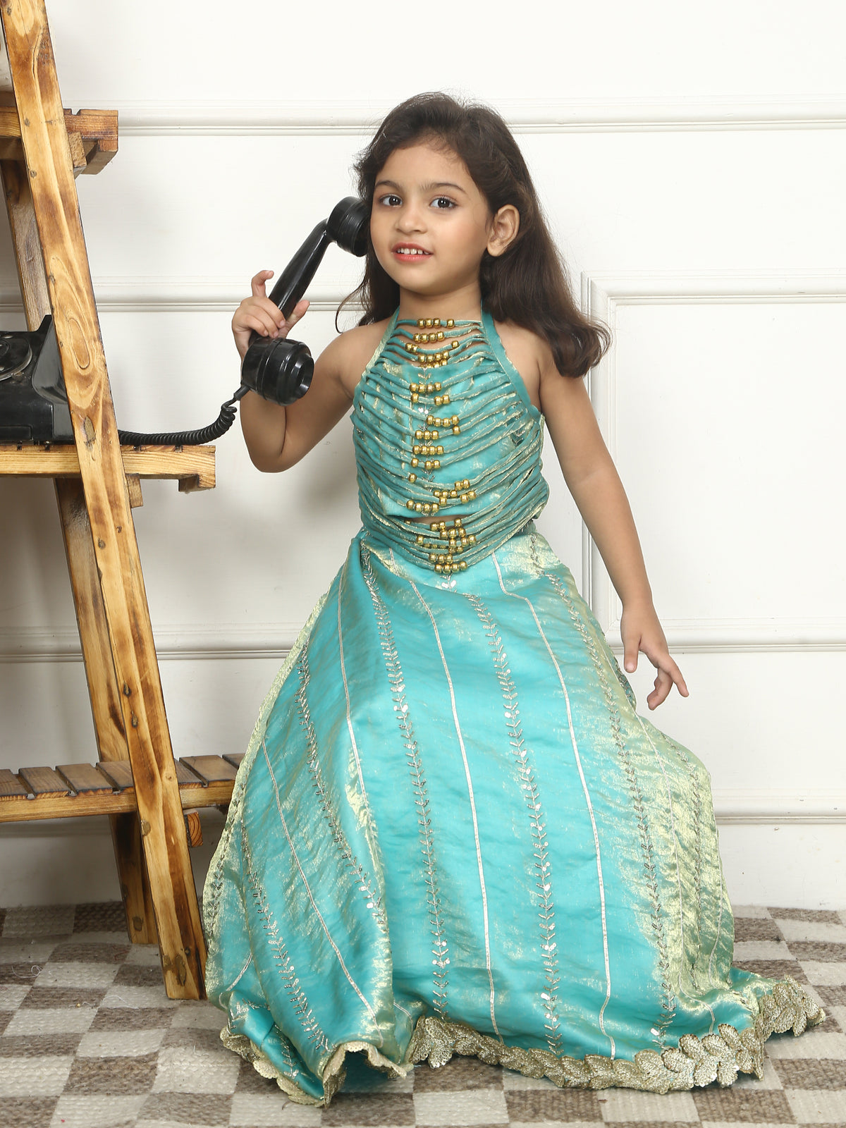 House Of Gota Girls Turquoise Blue Embellished Lehenga Set