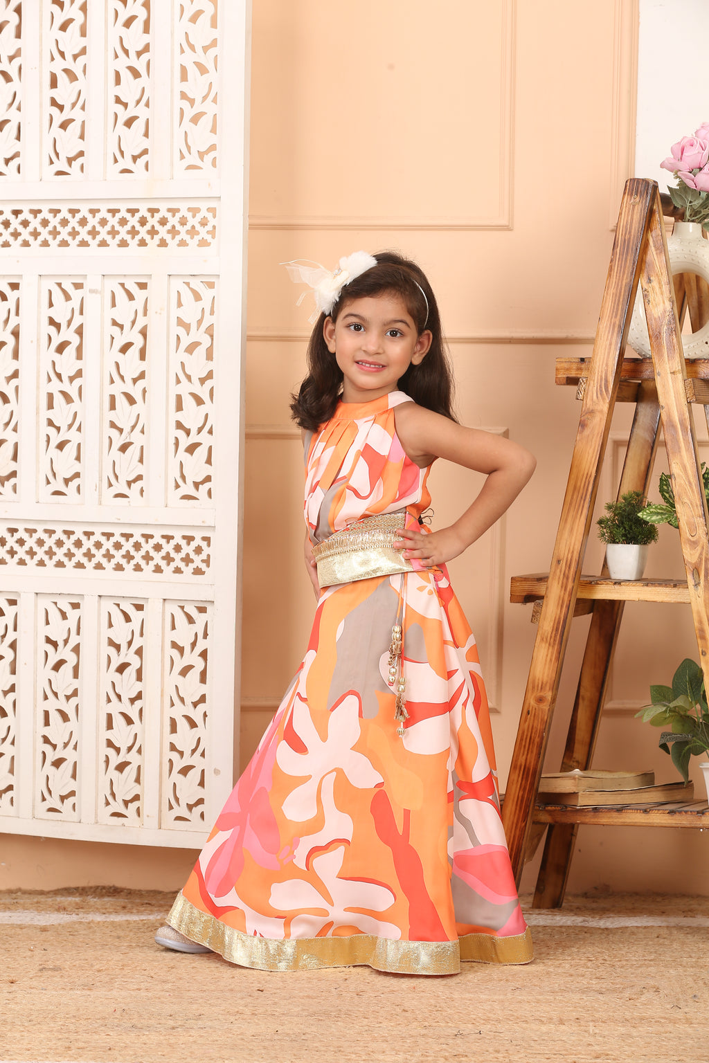House Of Gota Girls Multicolour Abstract Printed Lehenga Set