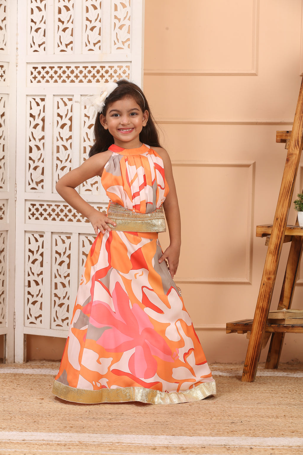 House Of Gota Girls Multicolour Abstract Printed Lehenga Set