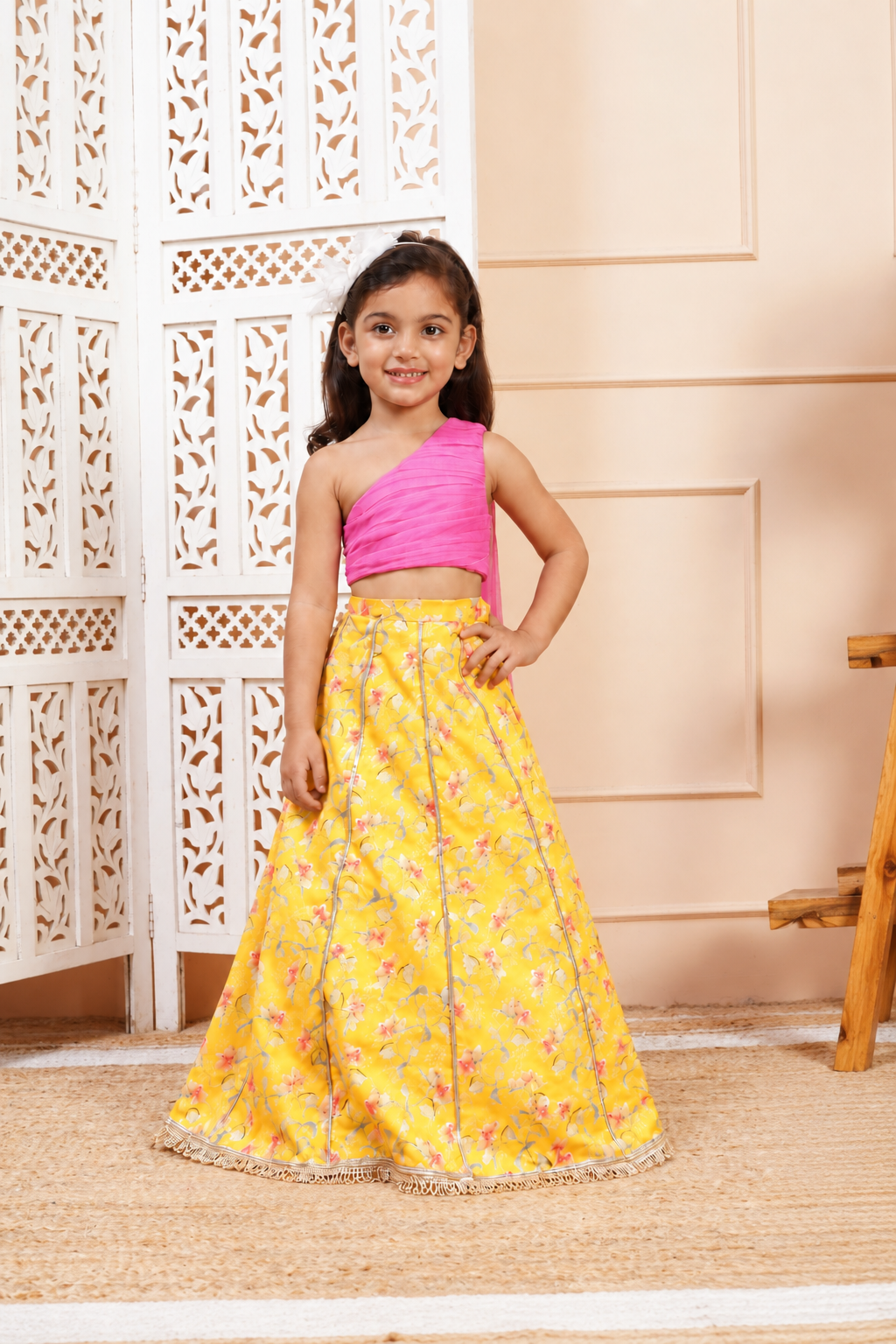 House Of Gota Girls Pink & Yellow Floral Lehenga Choli Set