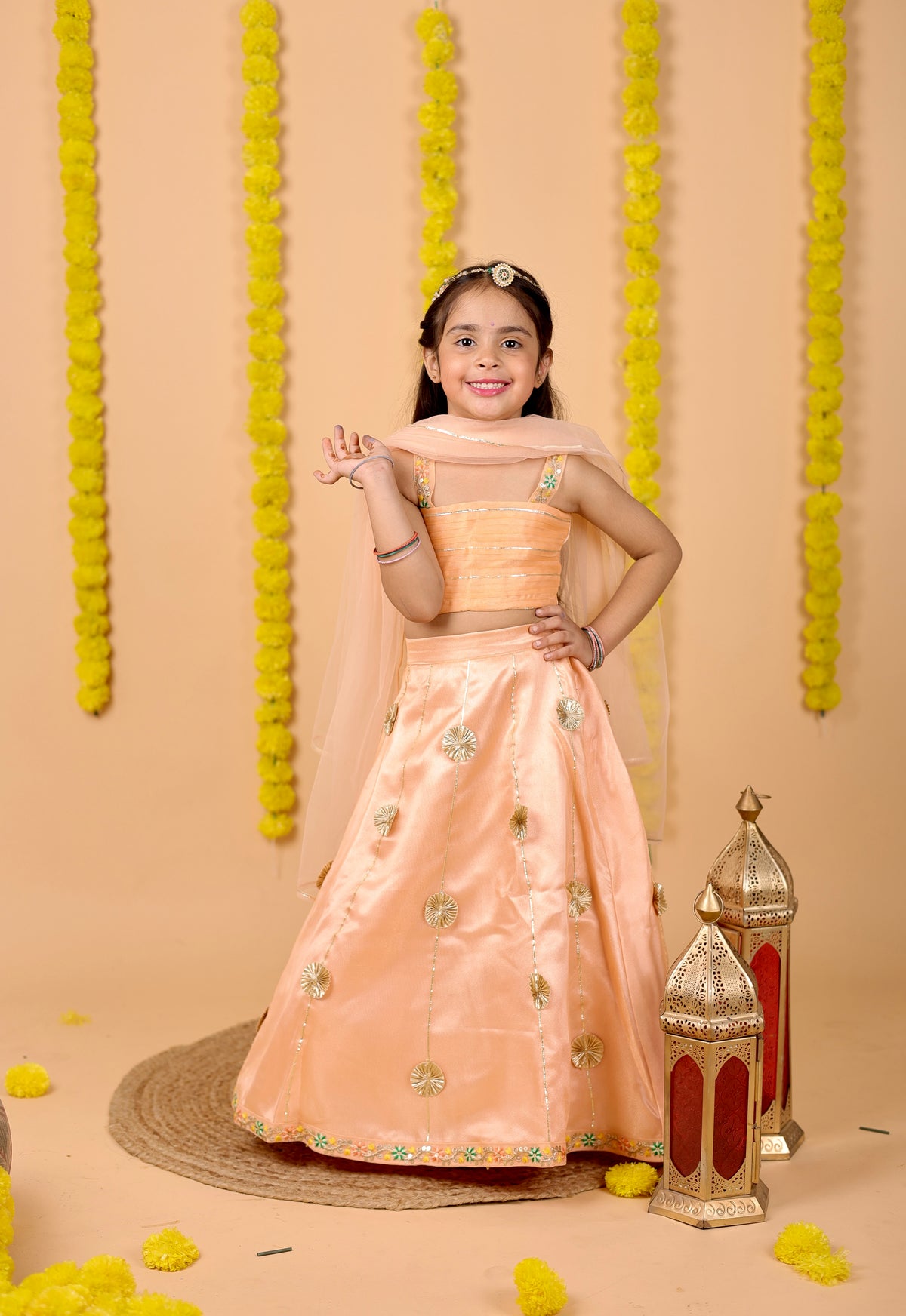 House Of Gota Girls Peach Lehenga Choli Set with Dupatta