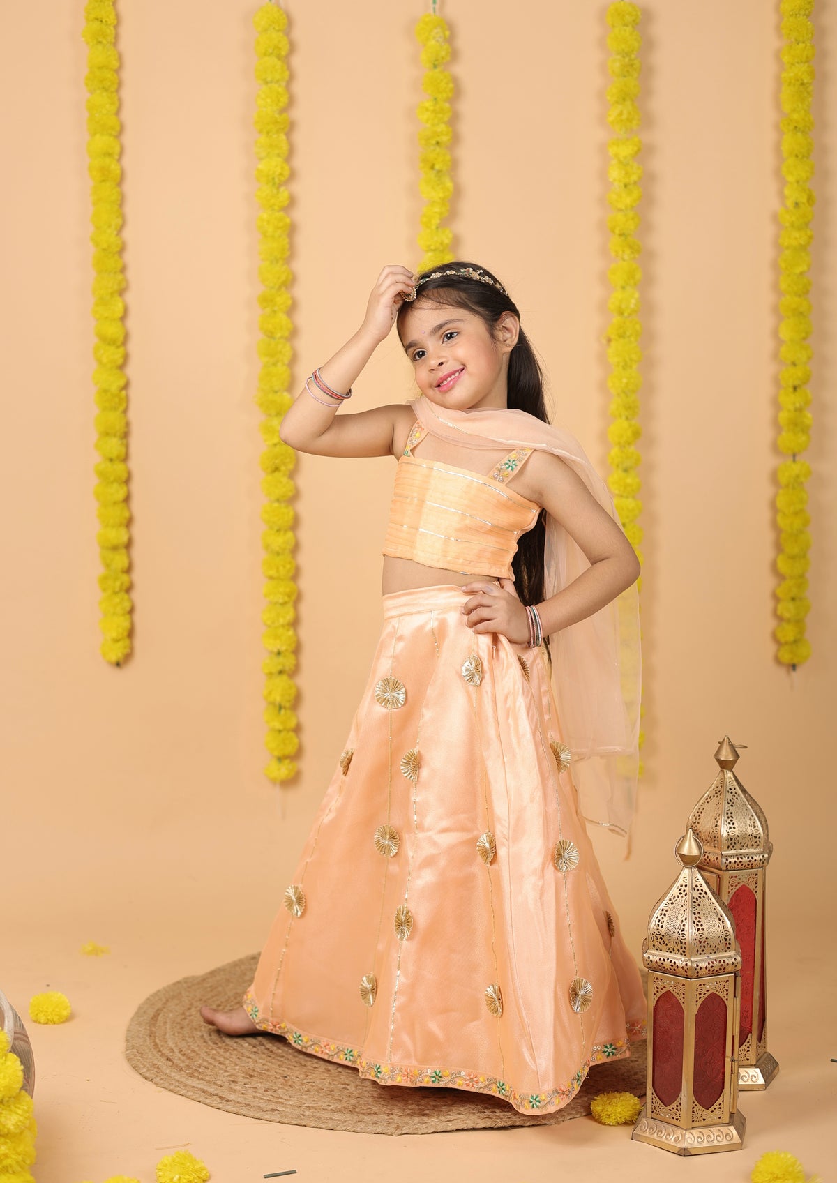 House Of Gota Girls Peach Lehenga Choli Set with Dupatta