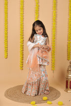 House Of Gota Girls Orange & White Floral Printed Sharara Set with Dupatta