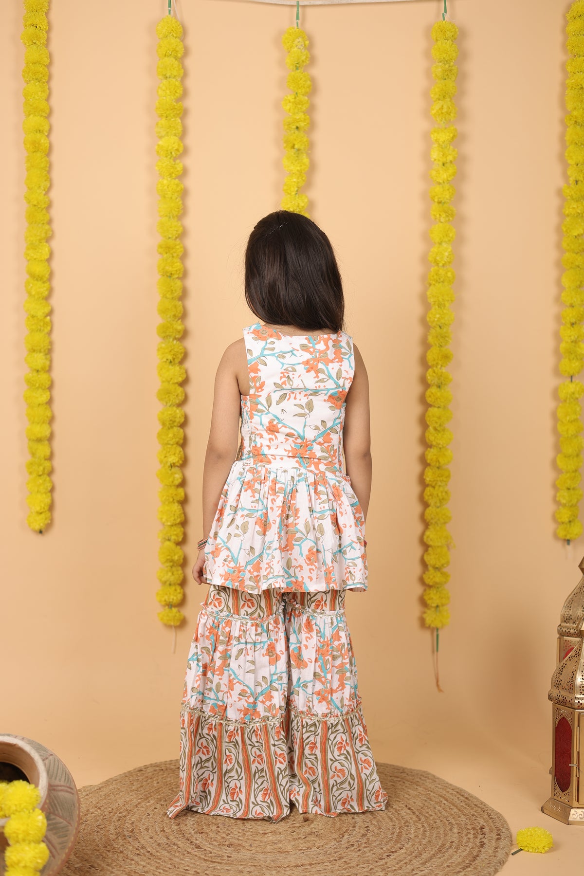 House Of Gota Girls Orange & White Floral Printed Sharara Set with Dupatta