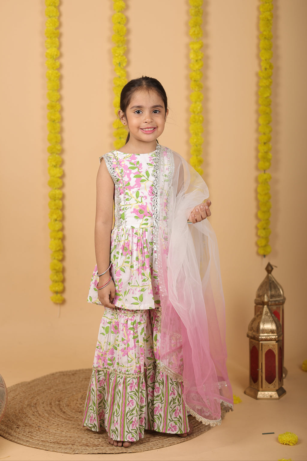House Of Gota Girls Pink & White Floral Printed Sharara Set with Dupatta
