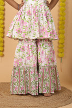 House Of Gota Girls Pink & White Floral Printed Sharara Set with Dupatta