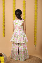 House Of Gota Girls Pink & White Floral Printed Sharara Set with Dupatta