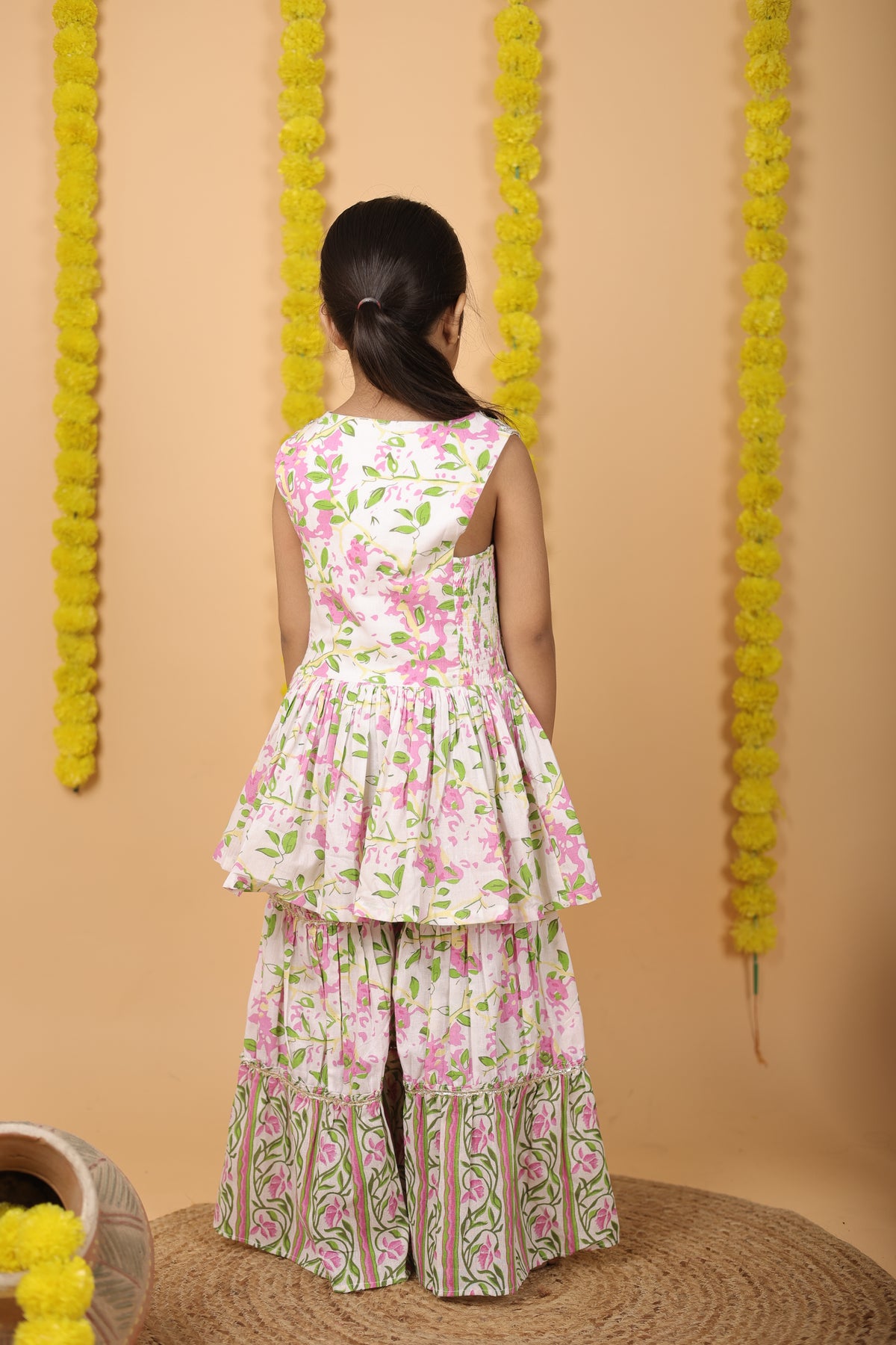 House Of Gota Girls Pink & White Floral Printed Sharara Set with Dupatta