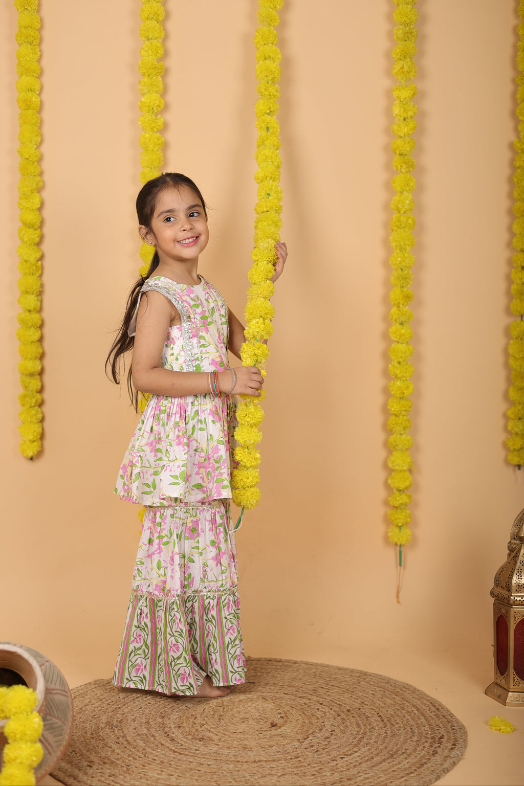 House Of Gota Girls Pink & White Floral Printed Sharara Set with Dupatta