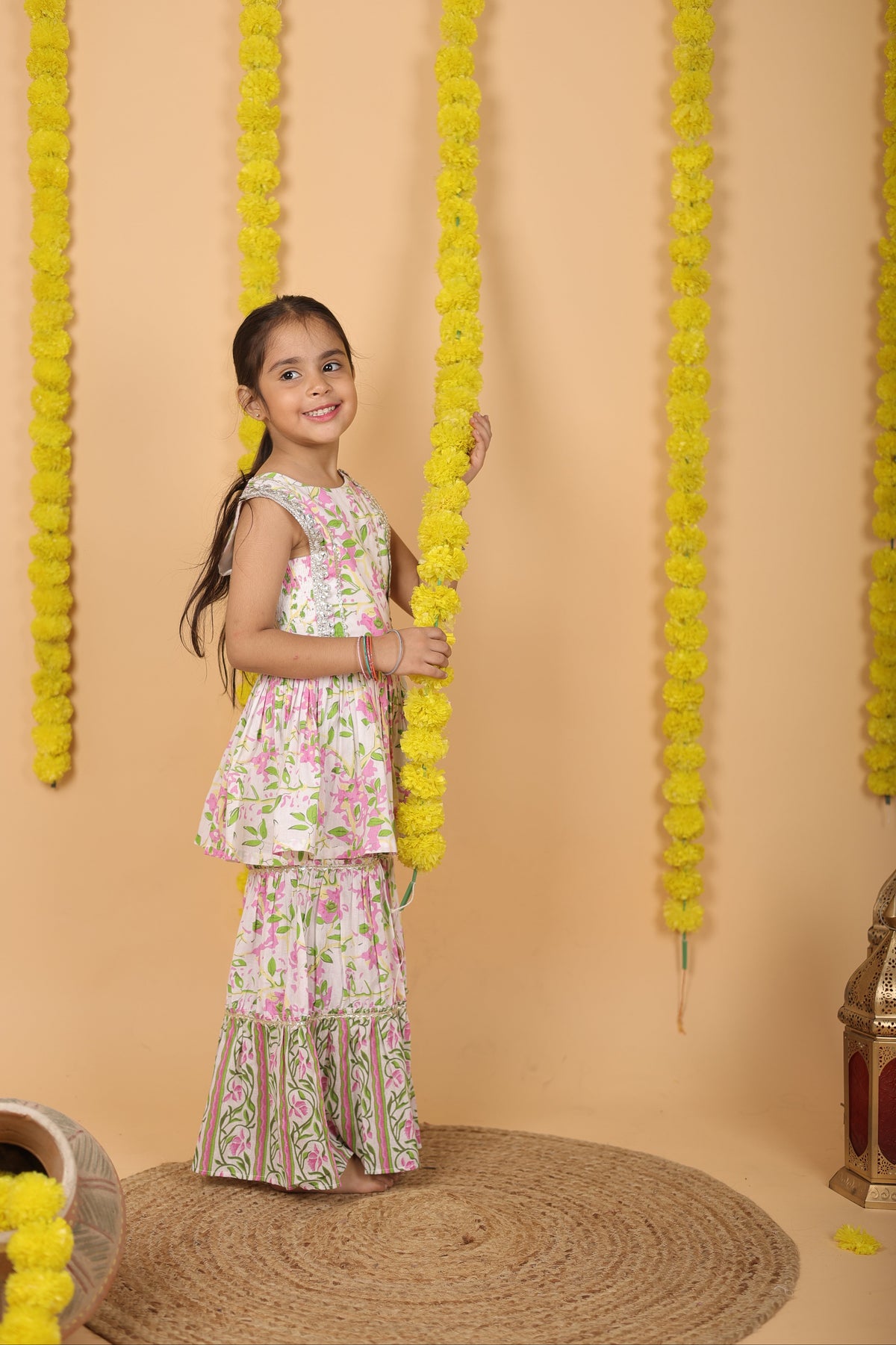House Of Gota Girls Pink & White Floral Printed Sharara Set with Dupatta