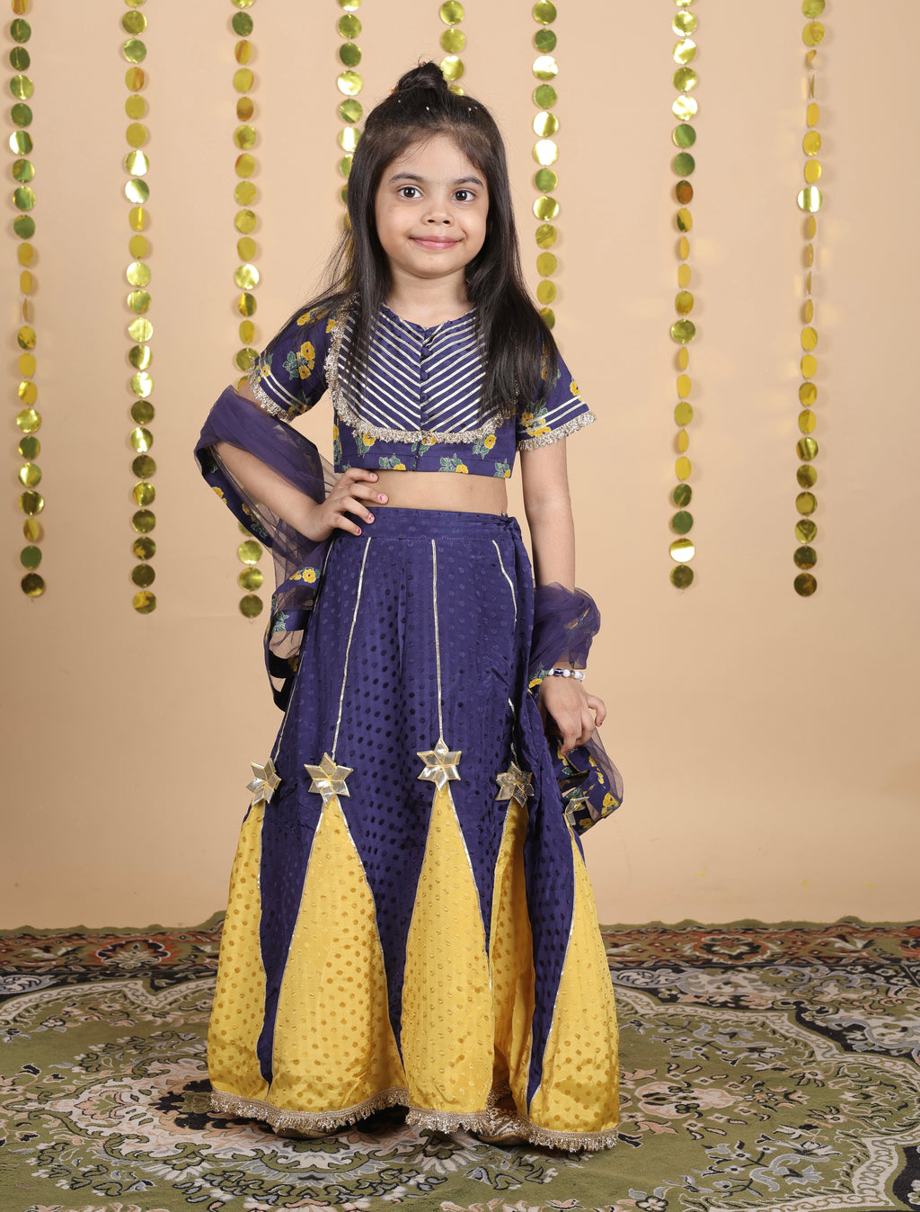 House Of Gota Girls Blue and Yellow Lehenga Choli Set with Dupatta