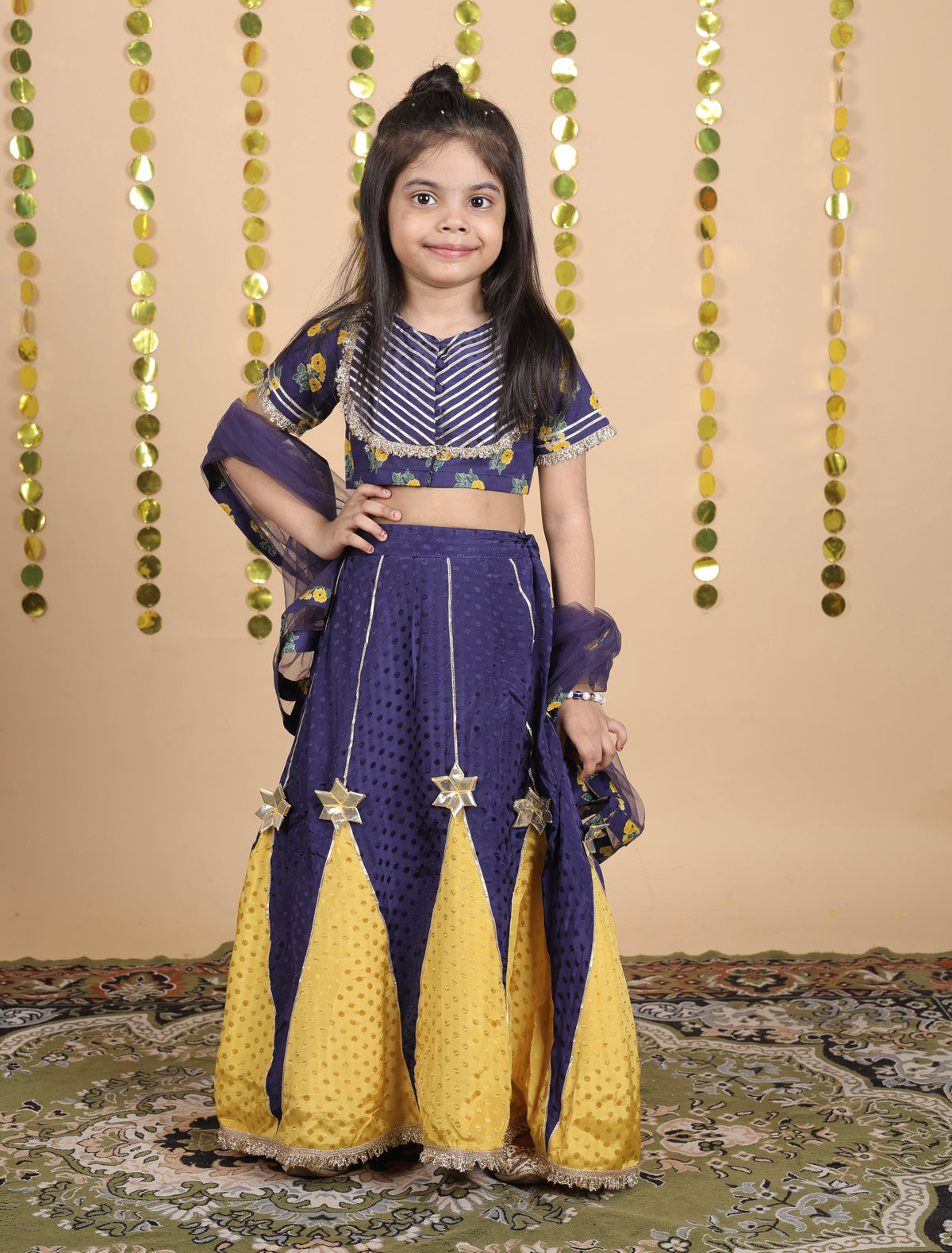 House Of Gota Girls Blue and Yellow Lehenga Choli Set with Dupatta