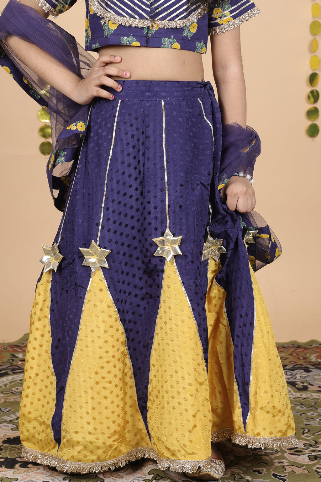 House Of Gota Girls Blue and Yellow Lehenga Choli Set with Dupatta