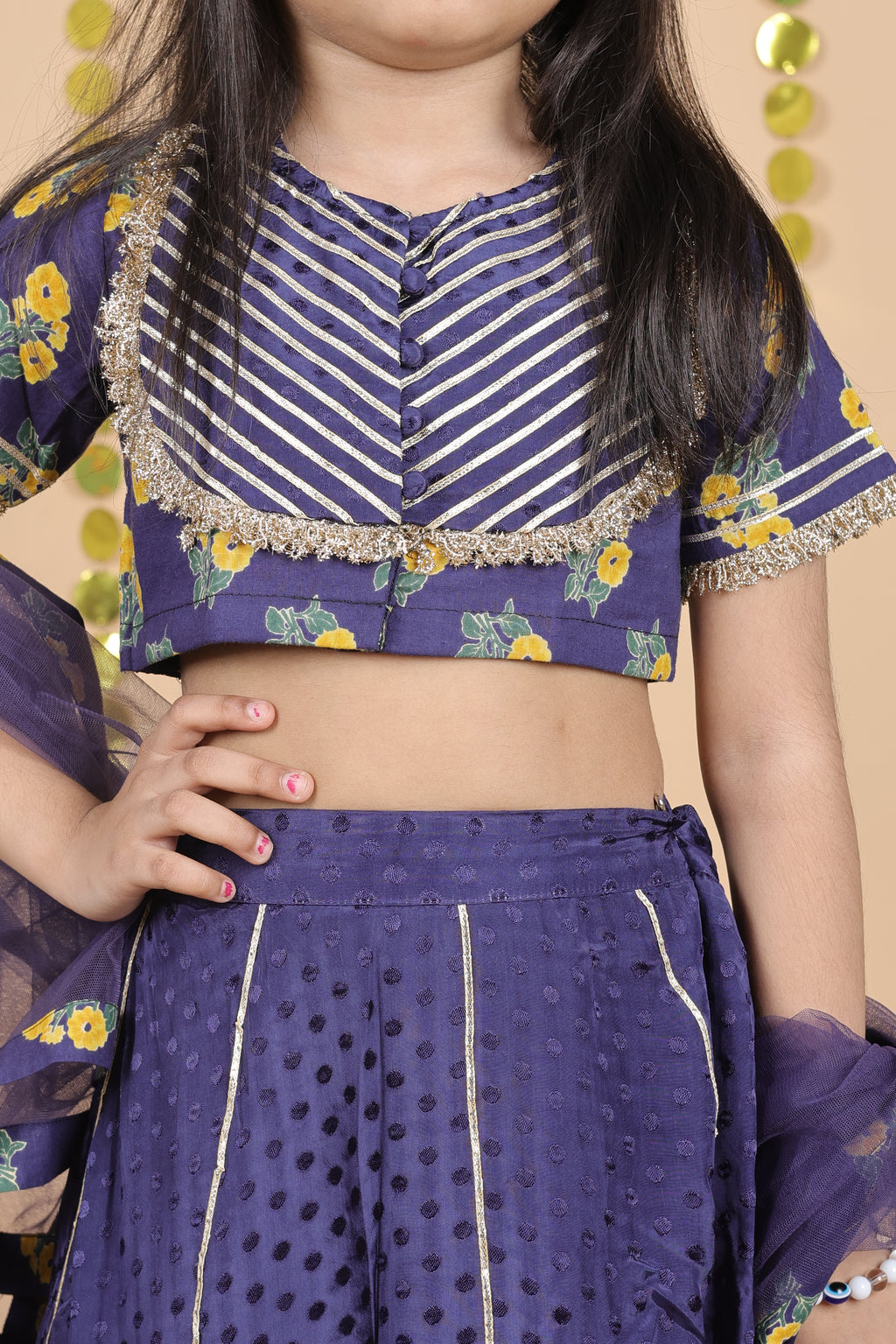 House Of Gota Girls Blue and Yellow Lehenga Choli Set with Dupatta