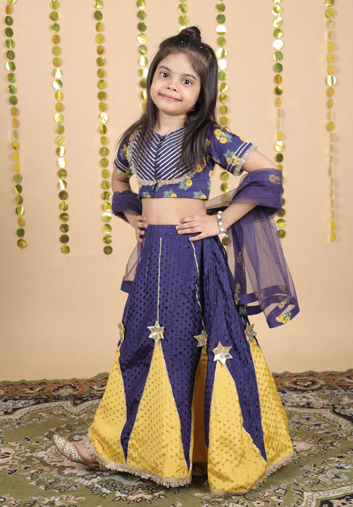 House Of Gota Girls Blue and Yellow Lehenga Choli Set with Dupatta