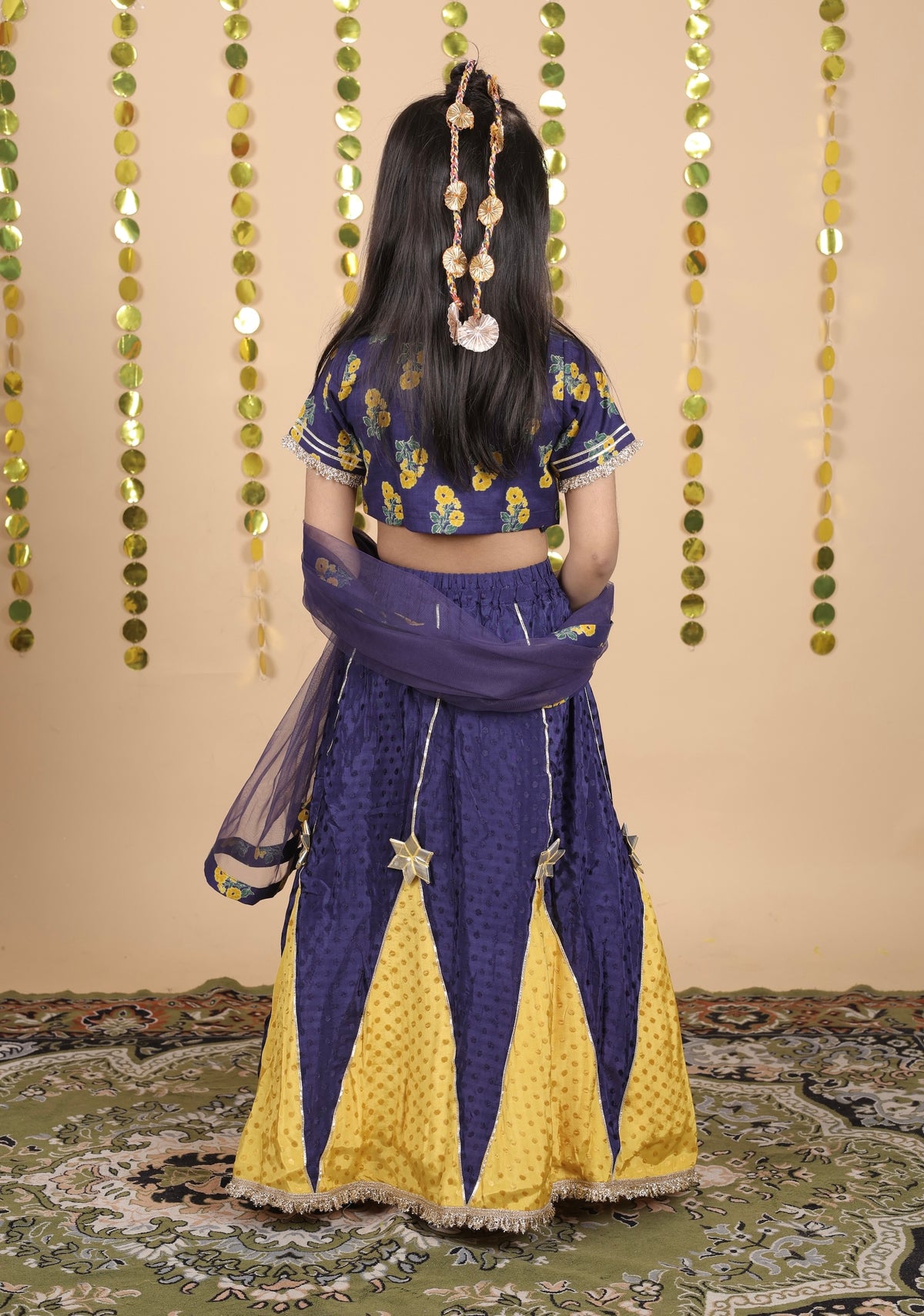 House Of Gota Girls Blue and Yellow Lehenga Choli Set with Dupatta