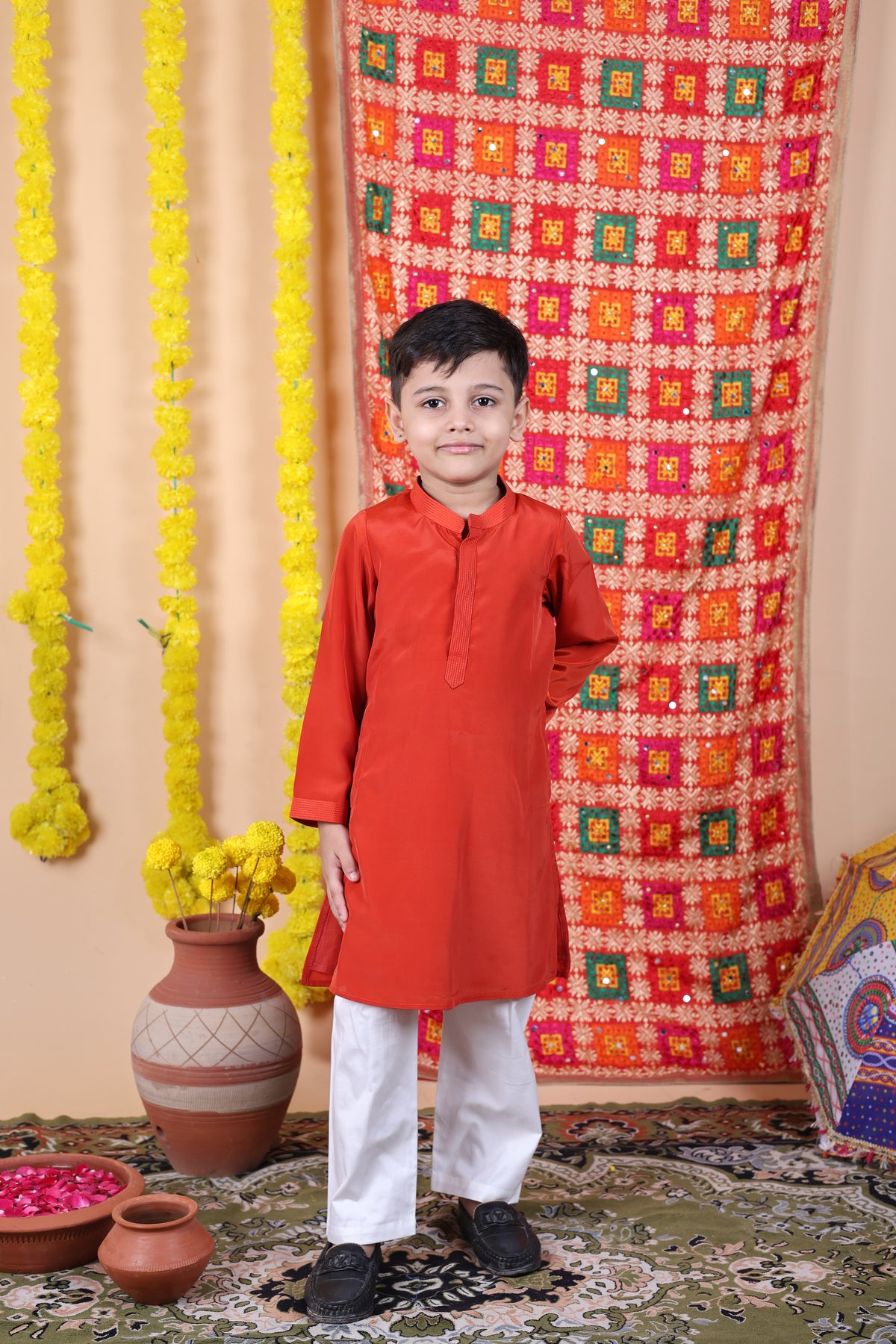 House Of Gota Boys Red Kurta and White Pajama Set