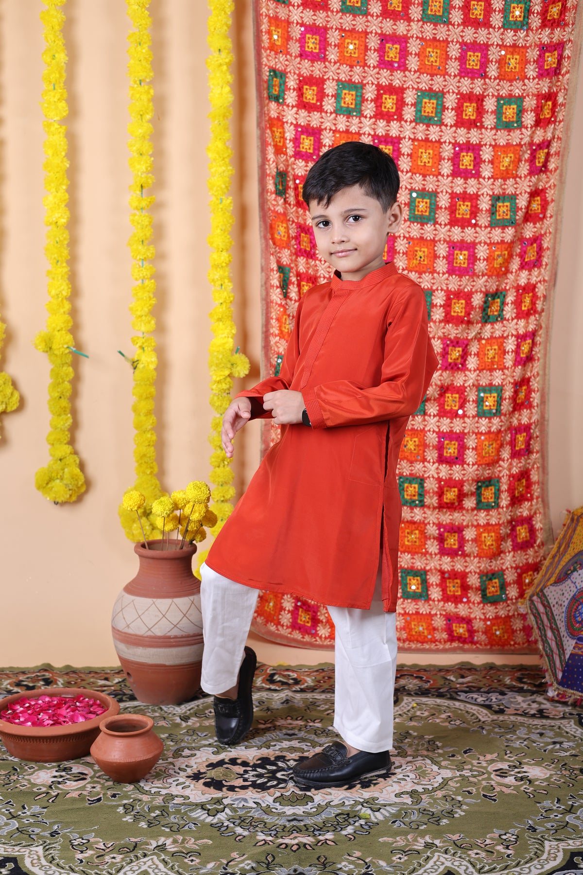 House Of Gota Boys Red Kurta and White Pajama Set