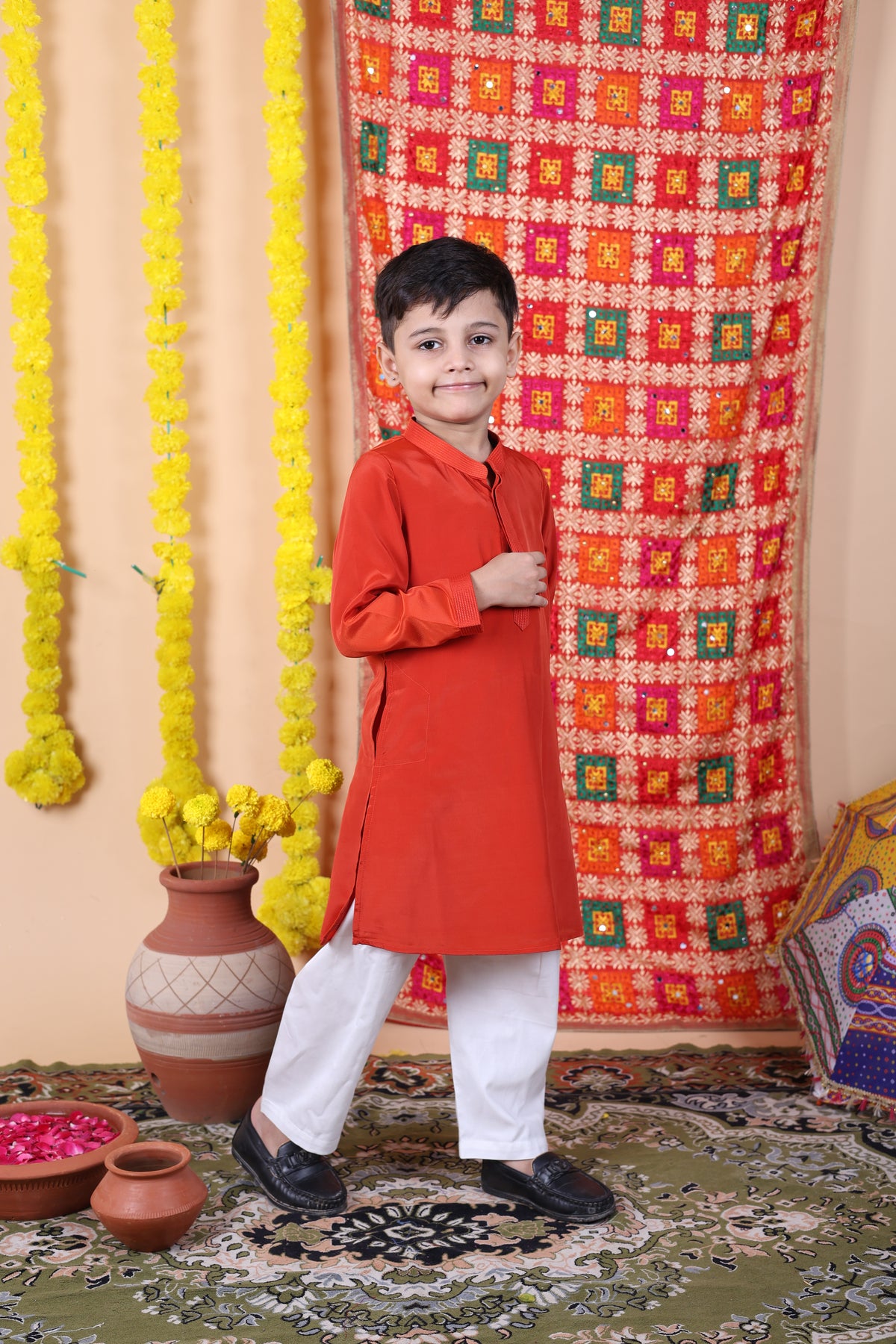 House Of Gota Boys Red Kurta and White Pajama Set