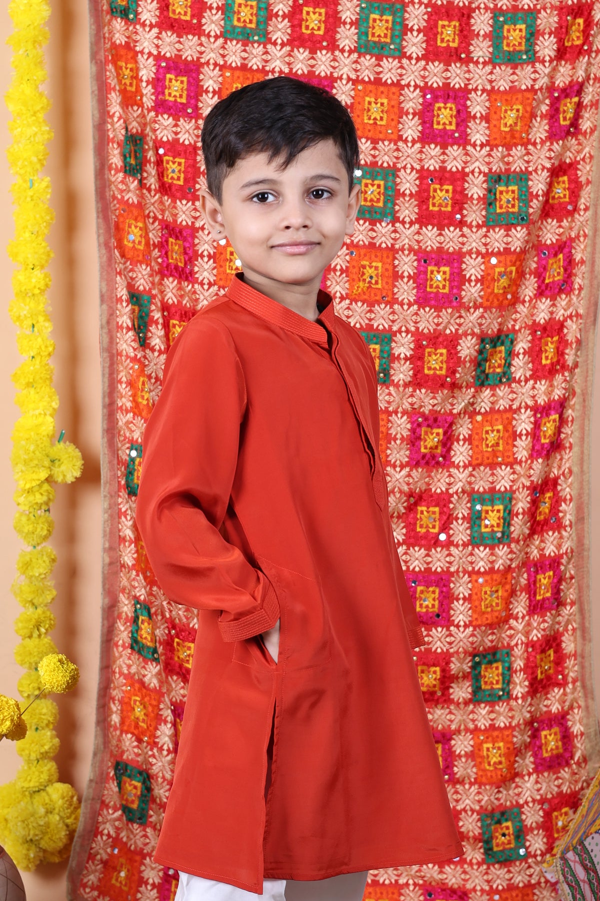 House Of Gota Boys Red Kurta and White Pajama Set