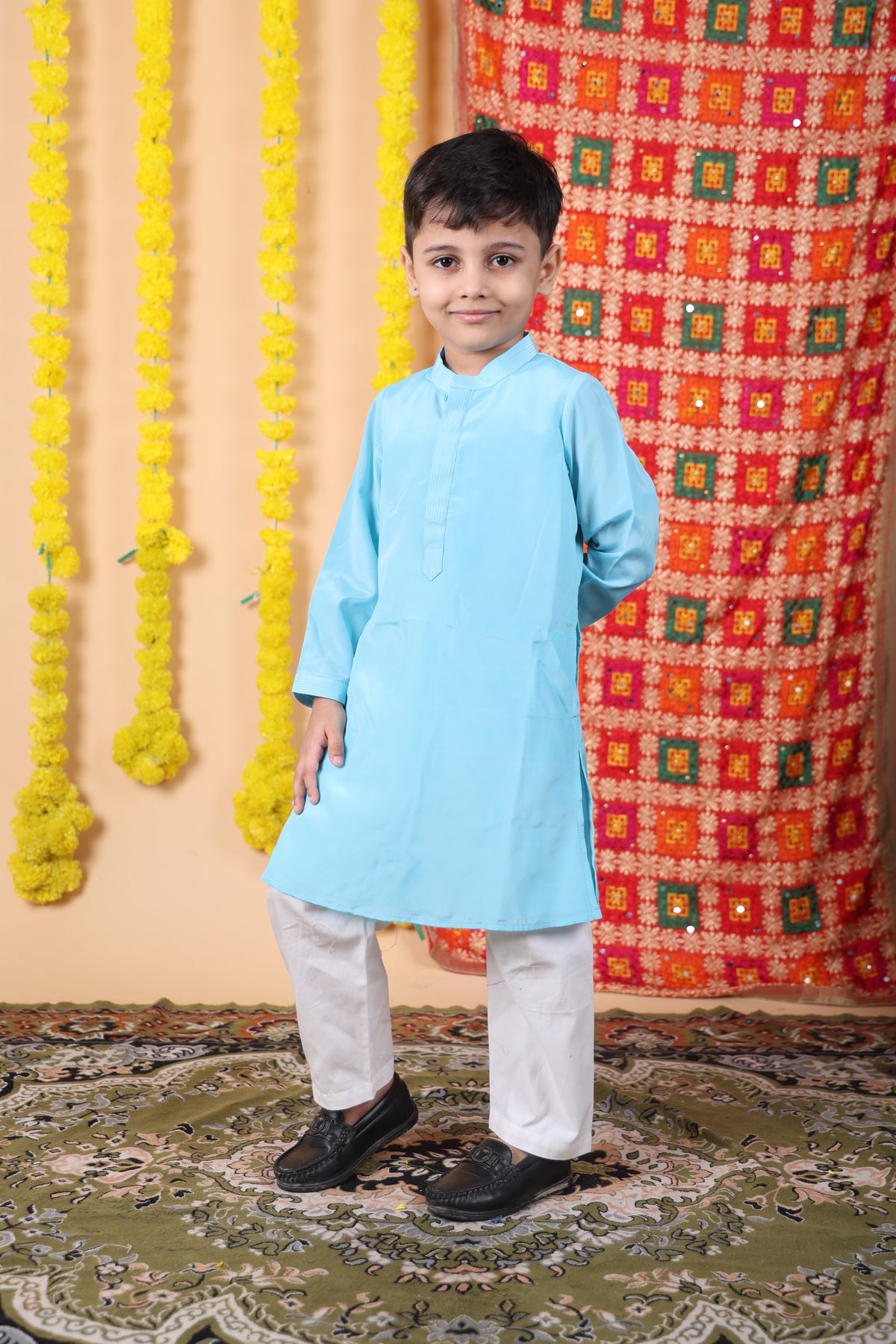 House Of Gota Boys Blue Kurta and White Pajama Set