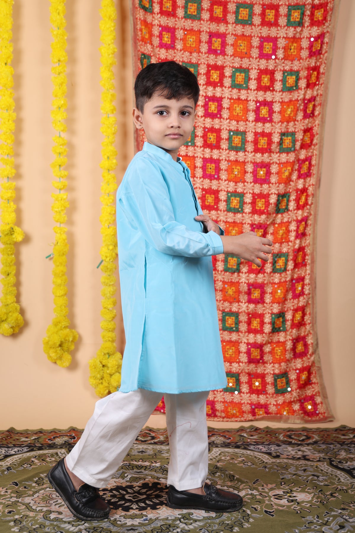 House Of Gota Boys Blue Kurta and White Pajama Set
