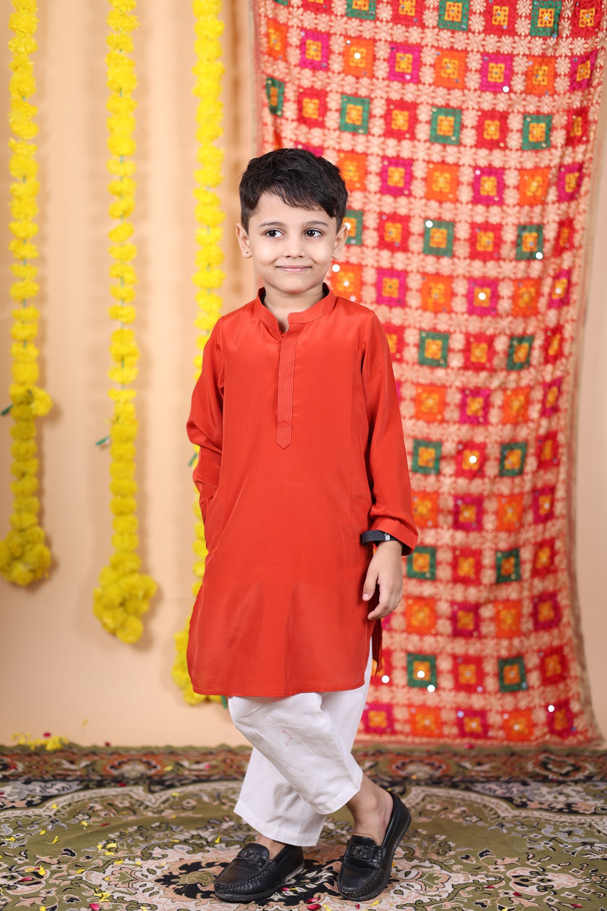 House Of Gota Boys Rust Orange Kurta and White Pajama Set