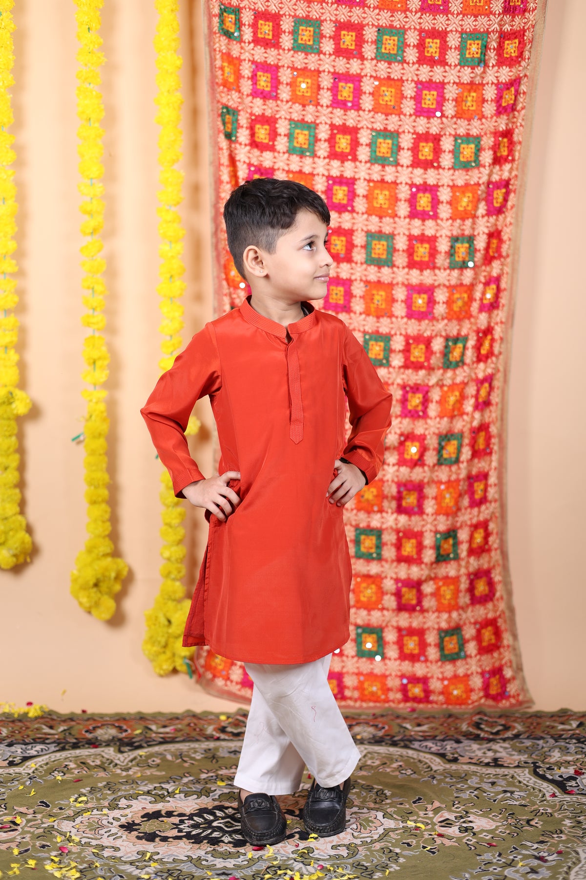 House Of Gota Boys Rust Orange Kurta and White Pajama Set