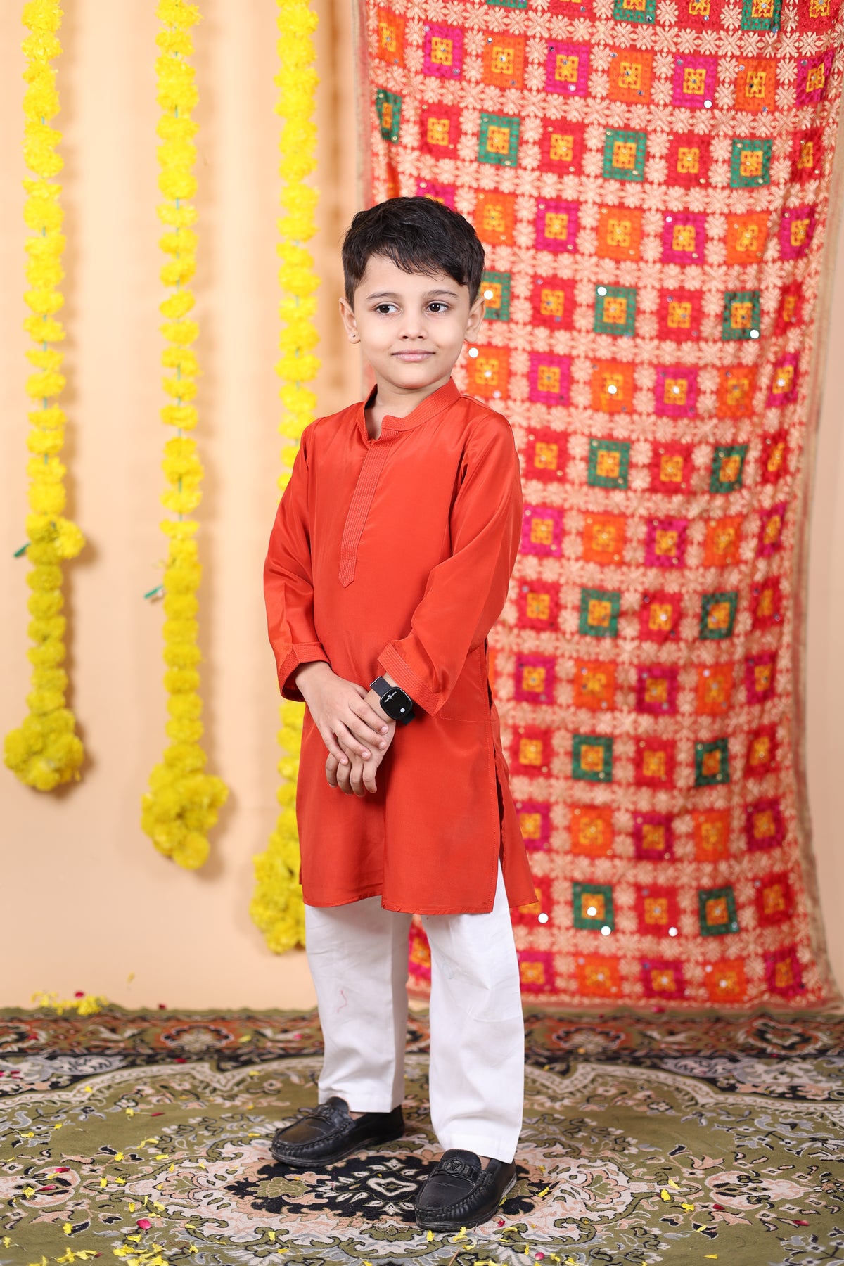 House Of Gota Boys Rust Orange Kurta and White Pajama Set