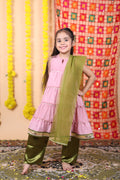 House Girls Pink Anarkali Suit Set with Olive Green Pants and Dupatta