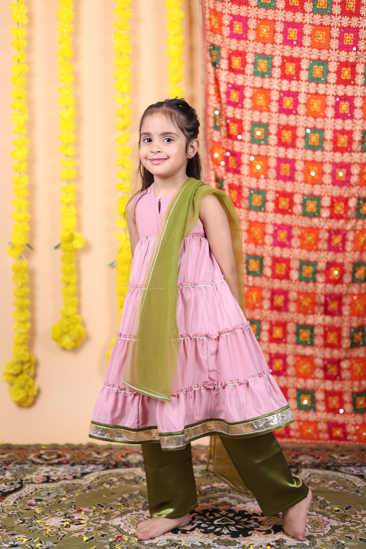 House Girls Pink Anarkali Suit Set with Olive Green Pants and Dupatta