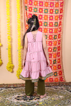 House Girls Pink Anarkali Suit Set with Olive Green Pants and Dupatta