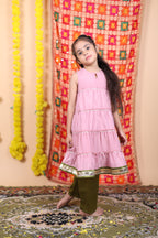 House Girls Pink Anarkali Suit Set with Olive Green Pants and Dupatta