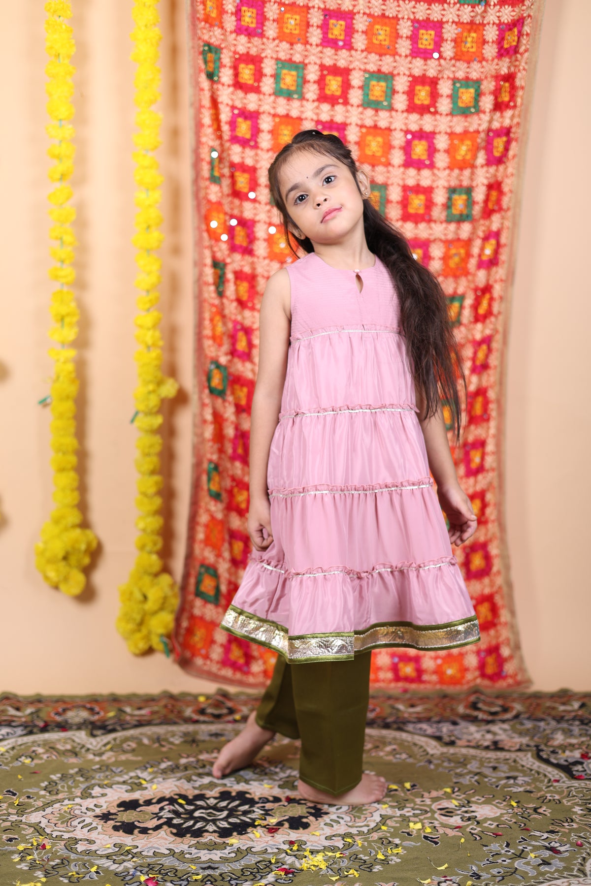 House Girls Pink Anarkali Suit Set with Olive Green Pants and Dupatta