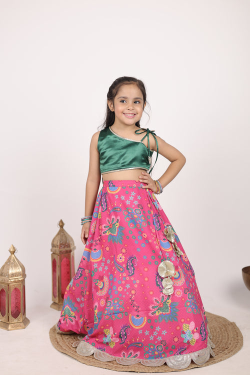 Girls Festive Pink Floral Print Lehenga with Green Satin Choli