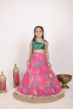 Girls Festive Pink Floral Print Lehenga with Green Satin Choli
