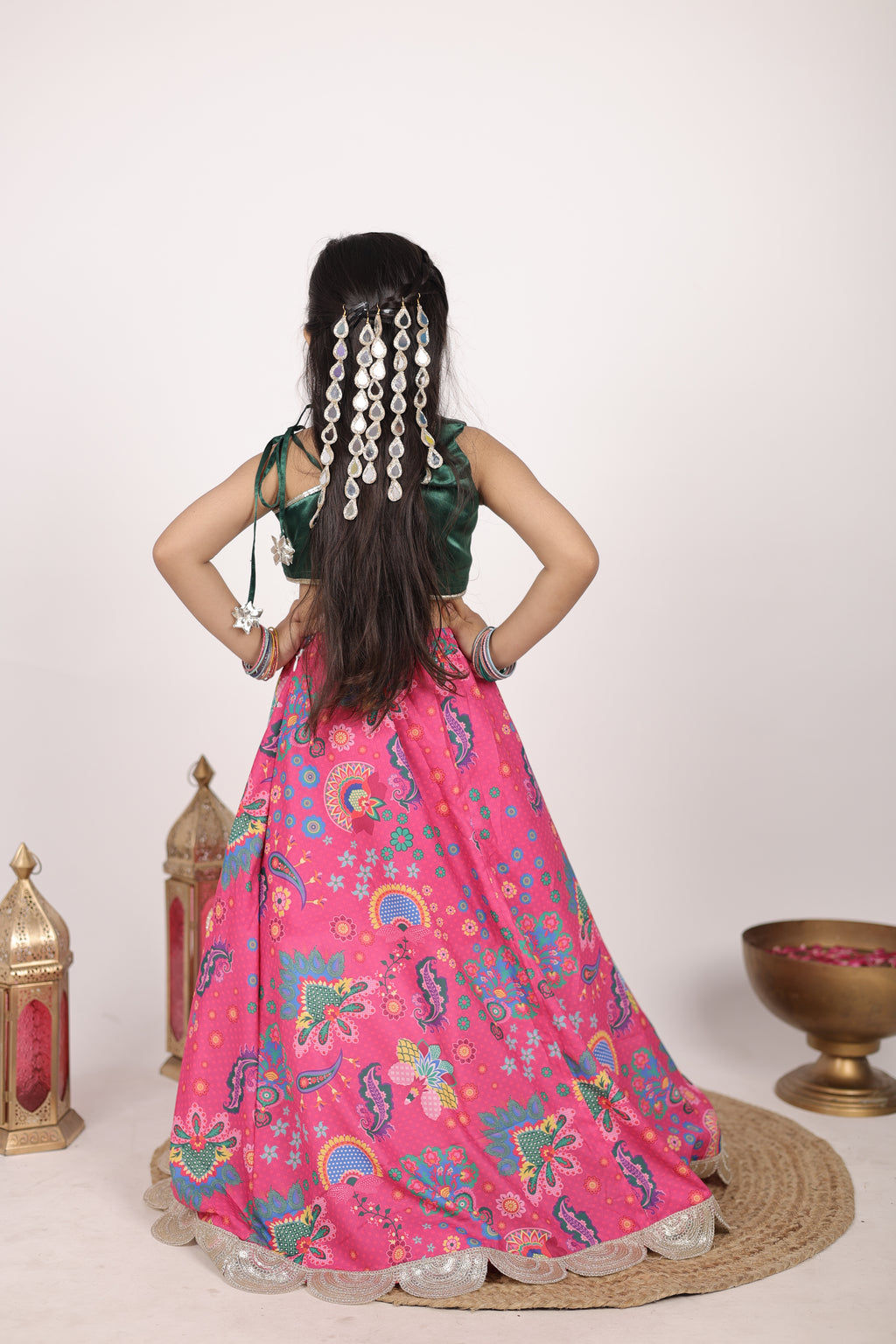 Girls Festive Pink Floral Print Lehenga with Green Satin Choli