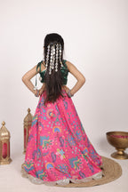 Girls Festive Pink Floral Print Lehenga with Green Satin Choli