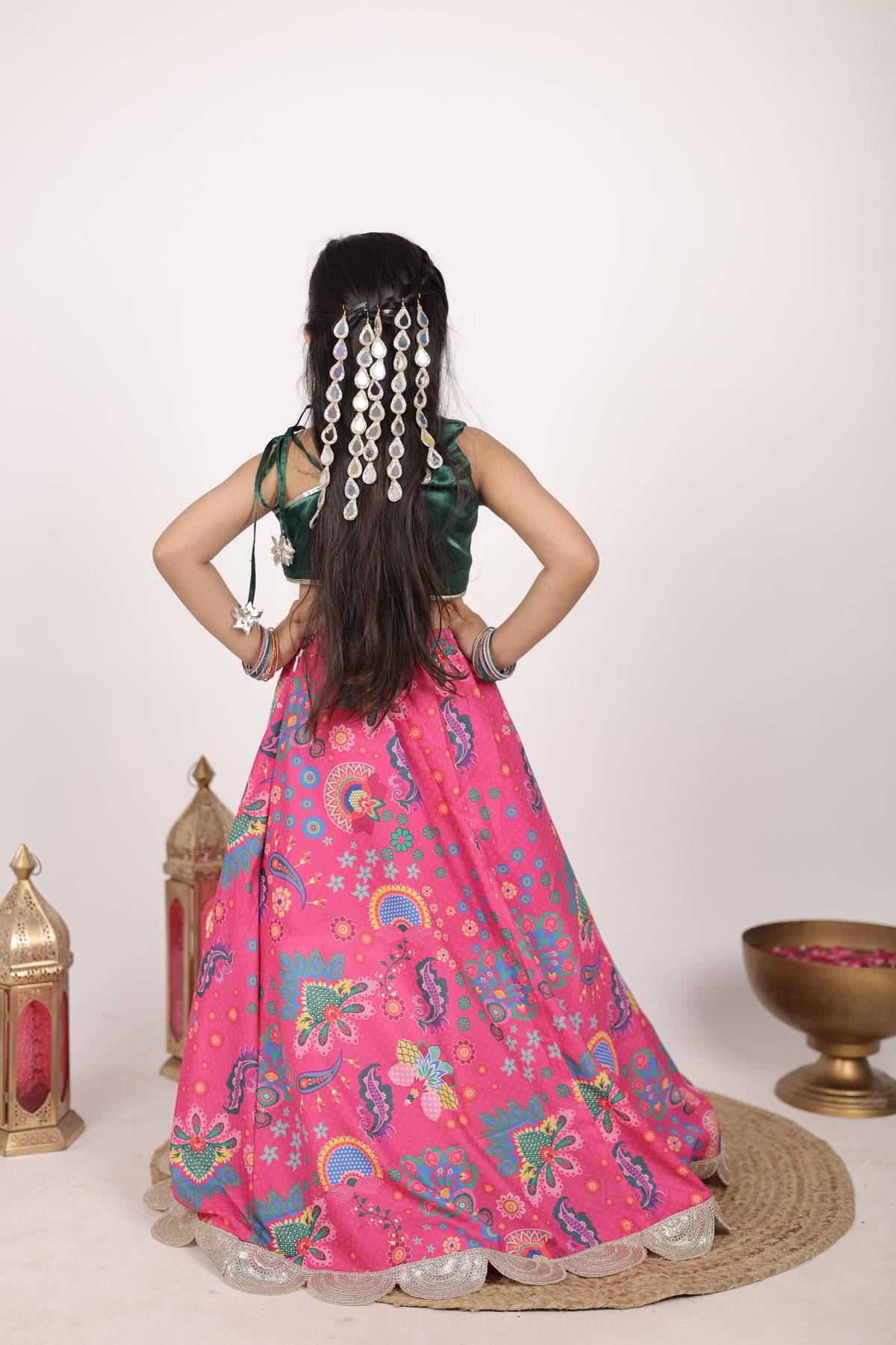 Girls Festive Pink Floral Print Lehenga with Green Satin Choli