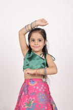 Girls Festive Pink Floral Print Lehenga with Green Satin Choli